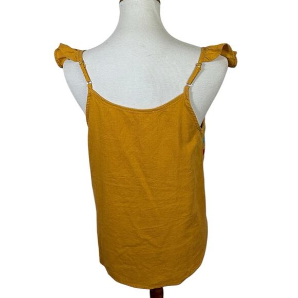 Andree by Unit Mustard Cotton Linen Floral Embroidered Ruffle Strap Tank Size M - Picture 2 of 7